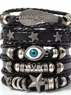 Black Leather Multi-Strand Woman’s Bracelet with Silver Charms.(5 bracelets)